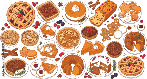 Assortment of various thanksgiving pies and cakes on white background with thanksgiving celebration gingerbread delicious seasonal