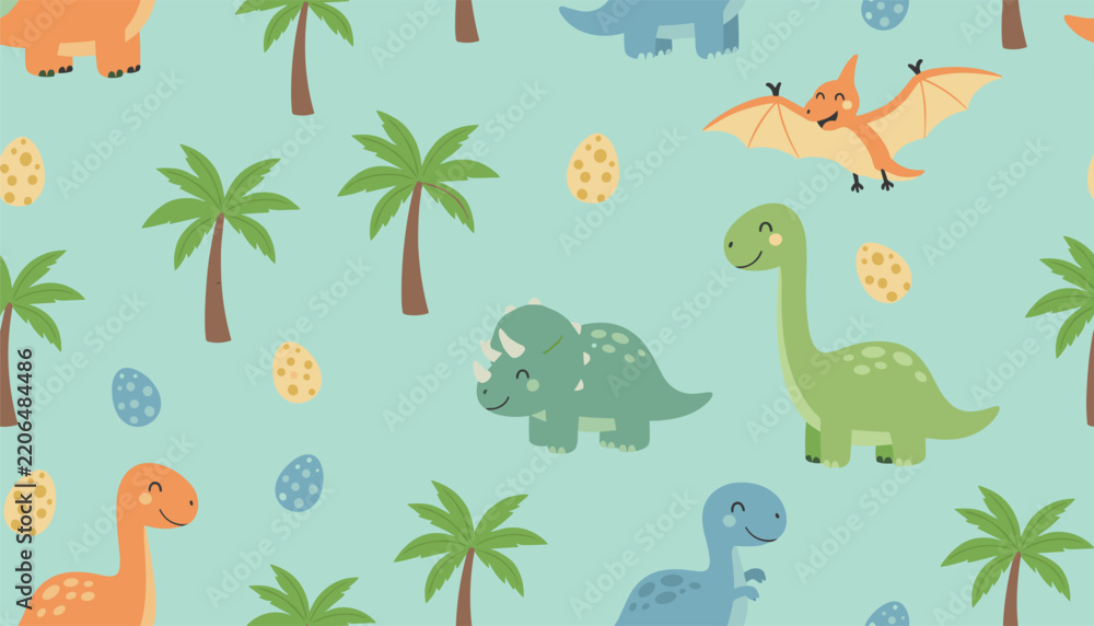 Obraz premium Seamless repeating pattern featuring cute colorful dinosaurs palm trees and dinosaur eggs on a light teal background.