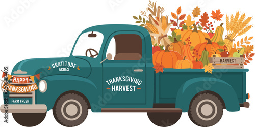 Teal vintage truck loaded with autumn pumpkins and colorful fall leaves for thanksgiving harvest celebration pumpkins thanksgiving seasonal