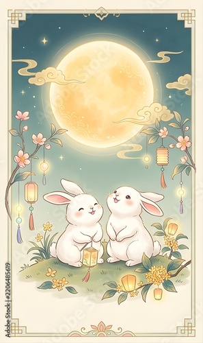 Whimsical White Rabbits Celebrating Beneath a Radiant Golden Moon with Glowing Lanterns and Floral Decorations