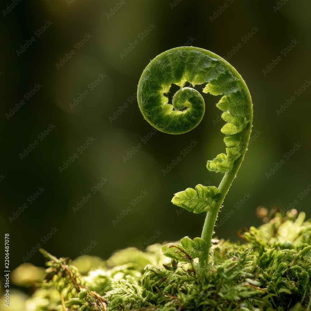 Naklejka premium Detailed shot of a fern frond uncurling, growing on a bed of fresh moss, warm light, green bokeh