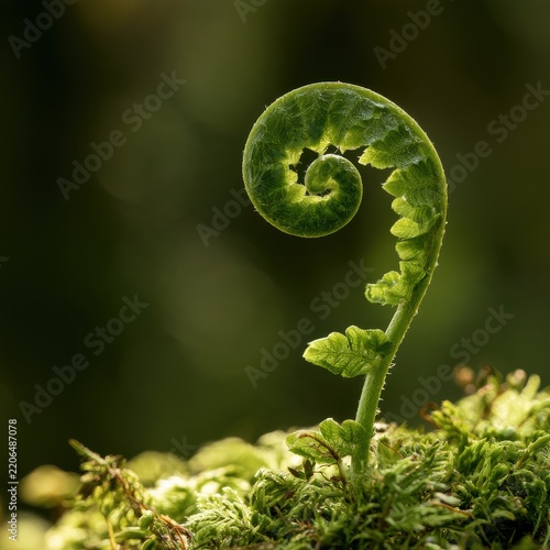 Detailed shot of a fern frond uncurling, growing on a bed of fresh moss, warm light, green bokeh