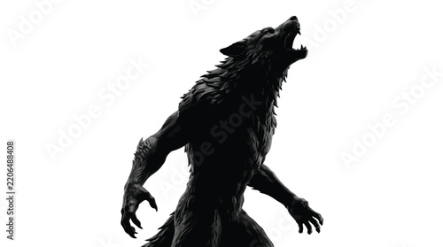 Ferocious werewolf creature howling with sharp fangs in a dark silhouette against a bright white background