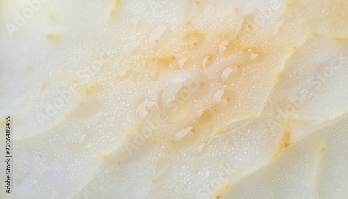 Extreme macro close-up of fresh pear flesh, revealing tiny granular cells, translucent juice pockets, delicate fibers and natural uneven texture.