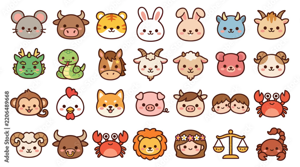Fototapeta premium Cute animal faces zodiac symbols collection
