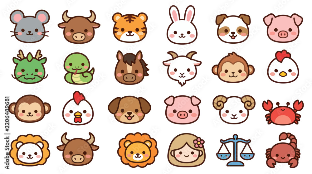 Obraz premium Cute animal faces zodiac symbols collection