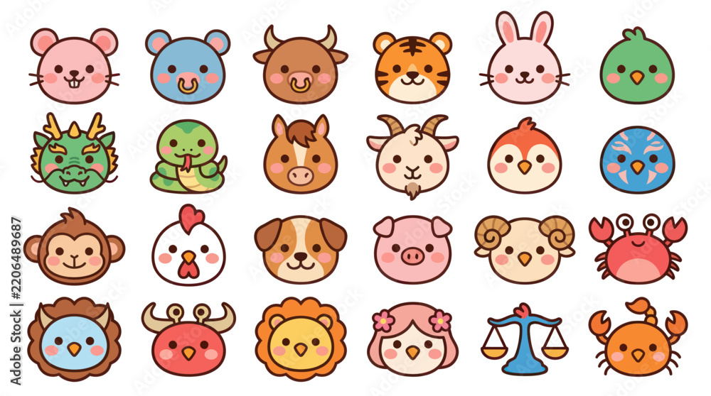 Obraz premium Cute animal faces zodiac symbols collection