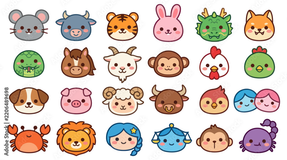 Obraz premium Cute animal faces zodiac symbols collection