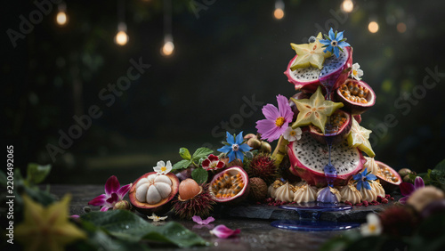 Tropical fruit tower cake with starfruit, dragon fruit, and flowers carambola d