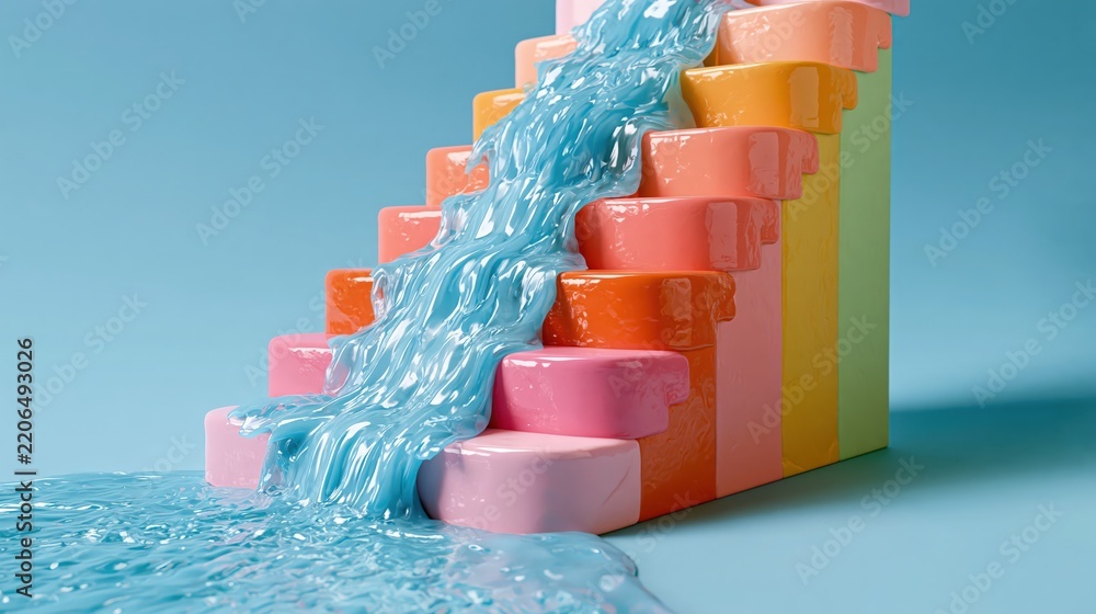 Obraz premium Glossy claymation scene of a tall water drop broken into rainbow-coloured falls down pastel steps, in a clean modern style