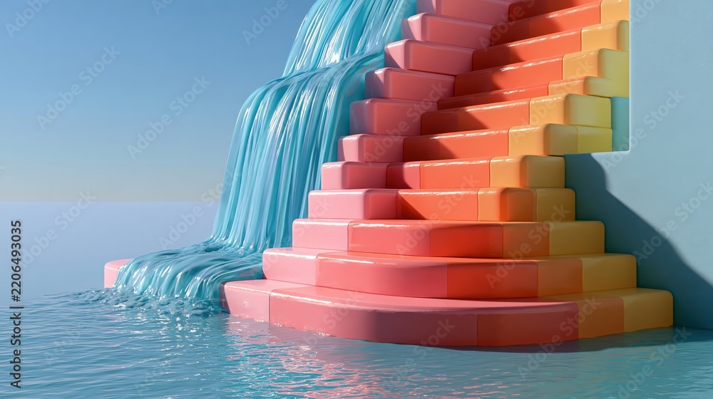 Obraz premium Glossy claymation scene of a tall water drop broken into rainbow-coloured falls down pastel steps, with soft shadows and a calm composition