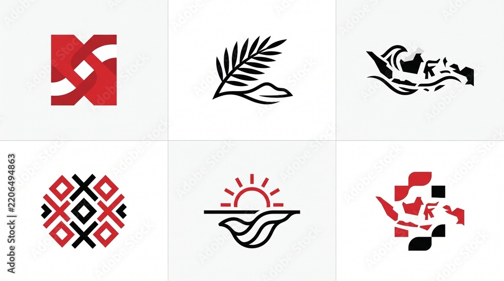 Obraz premium Six Modern Indonesian Inspired Logo Symbols for Tropical, Cultural and Archipelago Brands