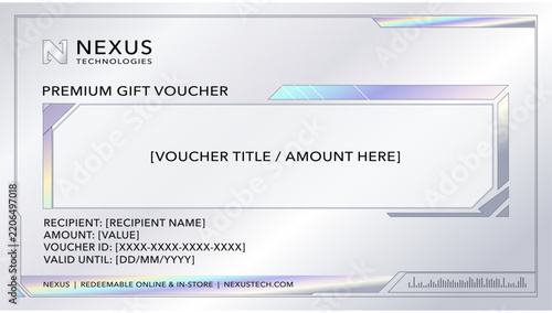 Futuristic Holographic Gift Voucher Template for Technology and Gaming