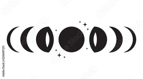 Minimalist moon phases illustration showing various lunar cycle stages in sleek black vector graphic line art