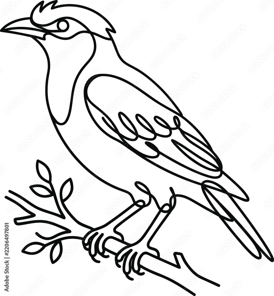 Obraz premium Myna bird outline sitting on a tree twig clean black linear design element modern abstract stencil cutout vector on white background canvas