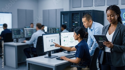 Engineers verifying cloud system architecture and service compliance on monitors in data center lab mockup