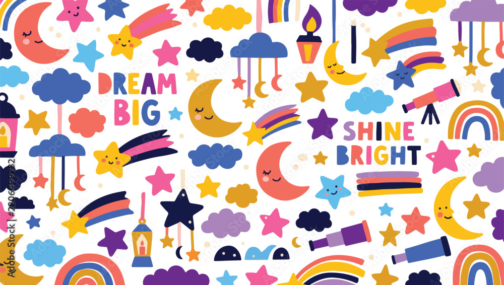 Obraz premium Cute Night Sky Seamless Pattern with Moons, Stars, Clouds and Rainbows, Vector Background