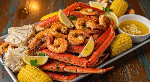 A delicious seafood platter overflowing with king crab legs, succulent shrimp, sweet corn on the cob, and lemon wedges, served with a side of melted butter