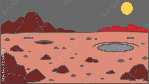 Flat Martian desert landscape with rocky ground impact craters distant mountains and bright sun ideal for space science astronomy game scenery educational and futuristic design art