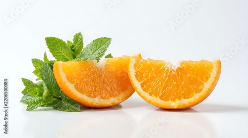 Fresh orange slices and green mint leaves on a white background