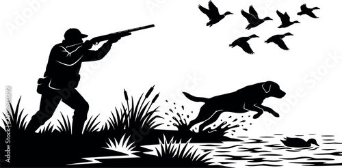 Duck hunting silhouette vector scene featuring hunter aiming rifle with retrieving gundog labrador