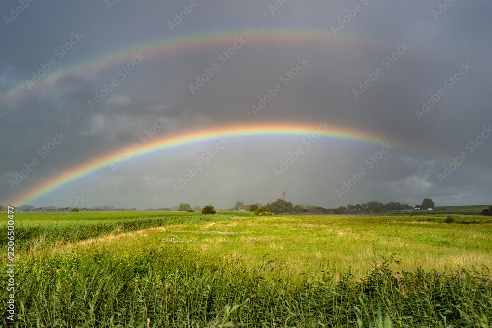 Obraz premium Rainbow landscape brightens green meadow. Wide rainbow landscape follows storm clouds. Rainbow landscape inspires scenic countryside. Vivid rainbow landscape enriches nature photography.