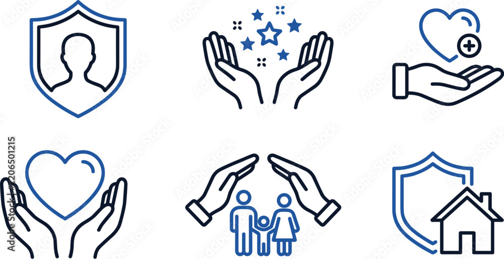 Fototapeta premium Family insurance and health care line icon set featuring life protection shields house coverage healthcare support and helping hands