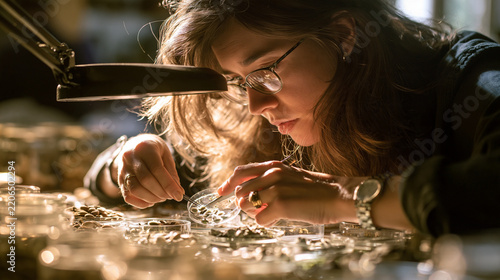 Intricate Craftsmanship: A focused craftswoman with glasses meticulously examines delicate components under the bright beam of a magnifying lamp.
