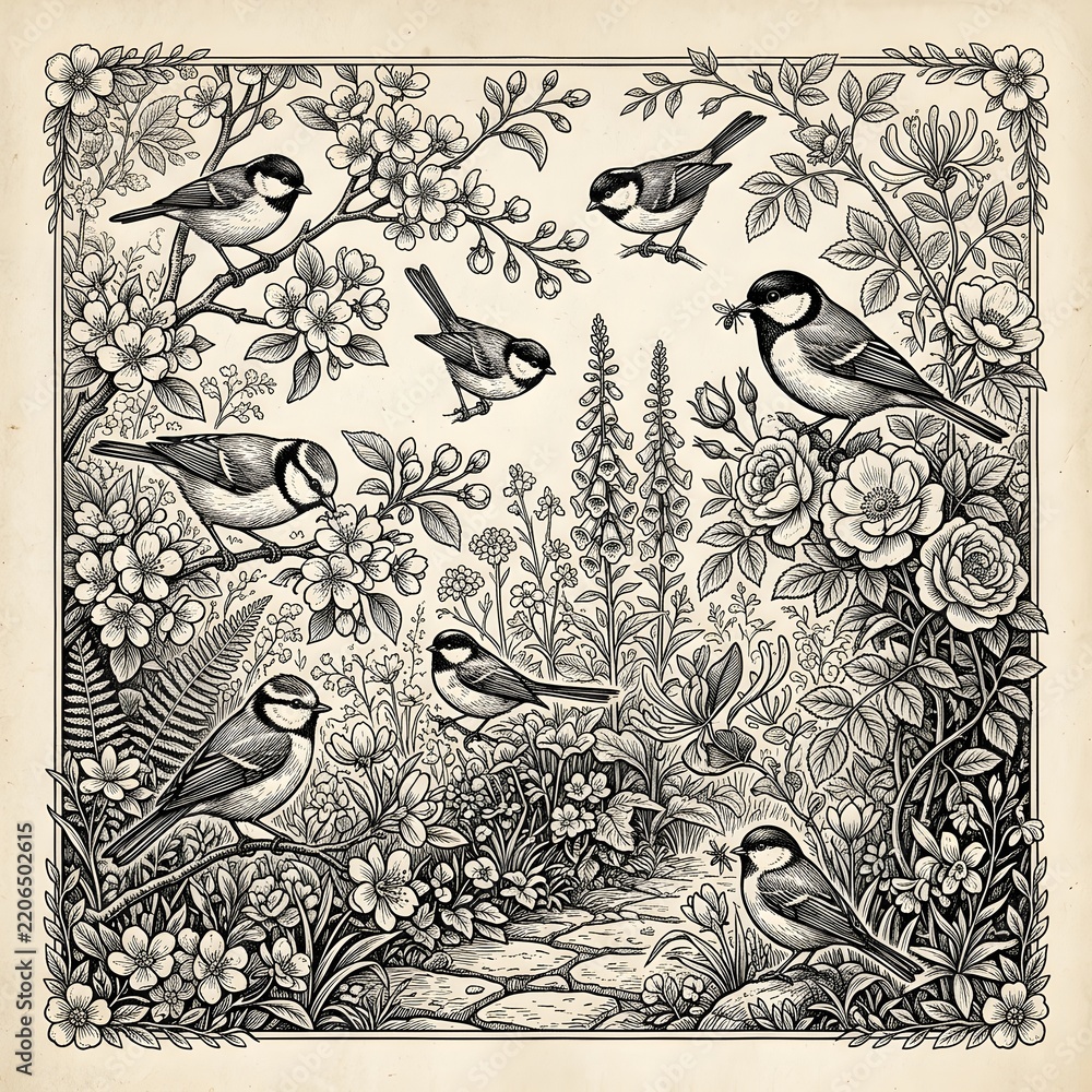 Obraz premium Vintage black-and-white botanical illustration of charming birds perched among dense flowers, leaves, branches, and foliage, intricate hand-drawn engraving style, square composition.