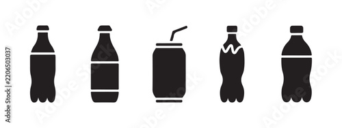 Beverage container flat icons featuring different bottle shapes and soda can with straw for designs.