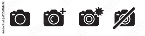 Black camera icon collection featuring photo flash and photography settings for digital user interface.