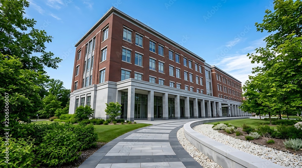 Obraz premium Modern red brick building exterior with curved walkway and green trees