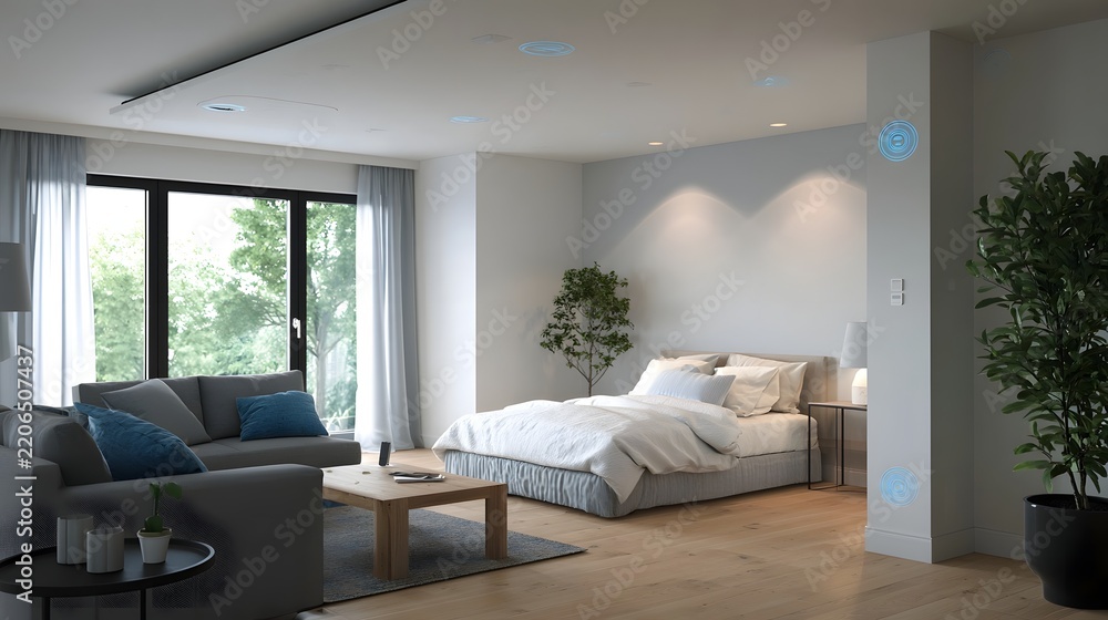 Fototapeta premium Modern bedroom and living area with smart lighting wooden floors gray furniture and large overlooking greenery