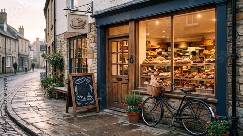 Charming bakery storefront with bicycle on cobblestone street