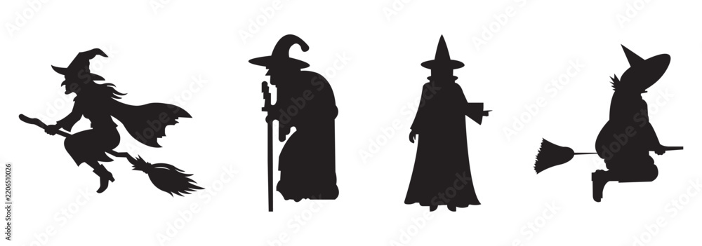 Fototapeta premium Halloween witch silhouette vector. Magic broomstick flying fairy tale character. Black magic spell night flying icon design element for holiday decoration. Eps 10.