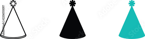 Set of party hats in outline, solid black, and teal colors, festive conical headwear for celebrations and birthdays