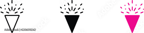Set of three party popper icons, confetti explosion symbols in outline, solid black, and pink styles