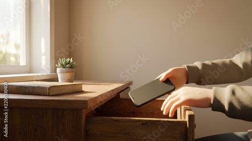 A pair of hands places a smartphone face-down into a wooden drawer with a book and plant nearby in soft warm light