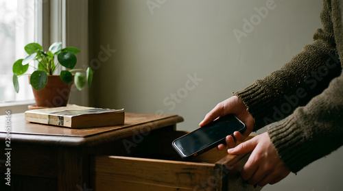 Close-up of hands placing a smartphone face-down into a wooden drawer beside a book and plant under natural light