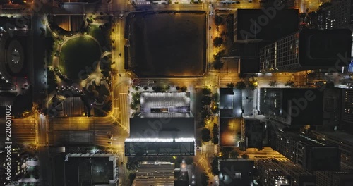 Richmond Virginia Aerial v71 vertical flyover downtown capturing a brightly lit city at night, with urban infrastructure, illuminated buildings, and streets - Shot with 8k Camera - Sept 29th 2023