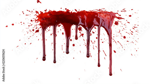 Vibrant red liquid dripping heavily down against clean white background creating dramatic horror effects