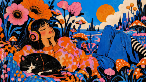Dreamy Psychedelic Meadow Music and Cat
