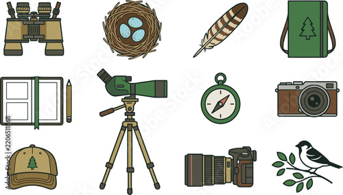 Birdwatching and nature exploration vector icon set featuring binoculars camera spotting scope nest compass and wildlife elements