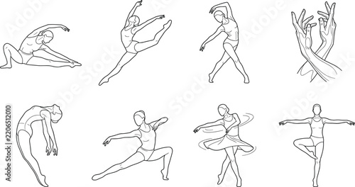 Ballet and Contemporary Dance Vector Illustrations Showing Elegant Poses and Graceful Movements