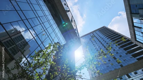 Bottom view of modern business city