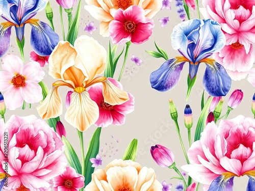 Soft watercolor illustration of irises and peonies in a seamless floral pattern, patterns, home decor