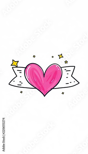 Whimsical hand-drawn banner with heart symbol and stars isolated on white background, valentine's day, romantic