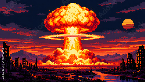 Pixel Art Atomic Bomb Explosion Background – Retro 8-Bit Nuclear Explosion for Video Game and Arcade Design