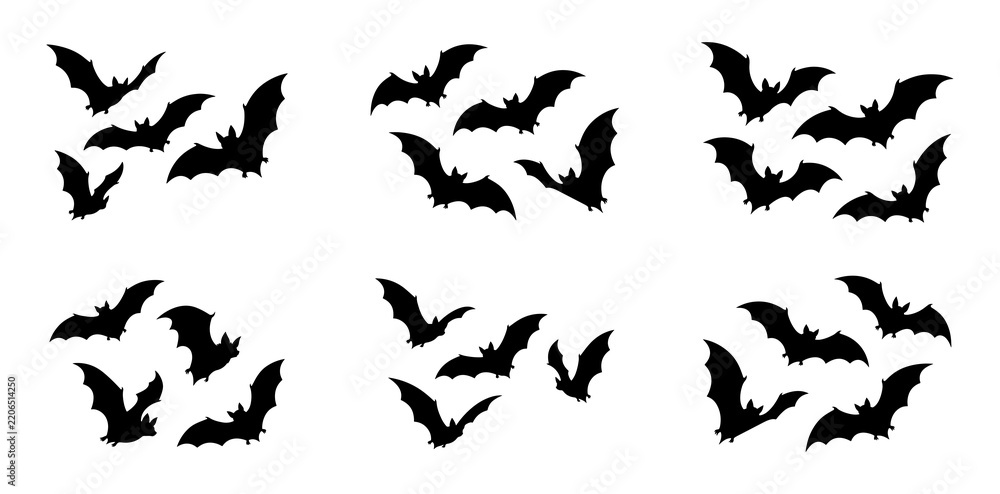 Fototapeta premium Six groups of flying bat silhouettes in black isolated on a white background with bat silhouette halloween icon spooky animal night animal