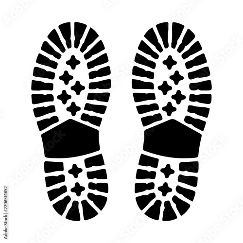 Shoe print graphic elements set with black boot footprints bare feet tracks and isolated footwear tread silhouettes